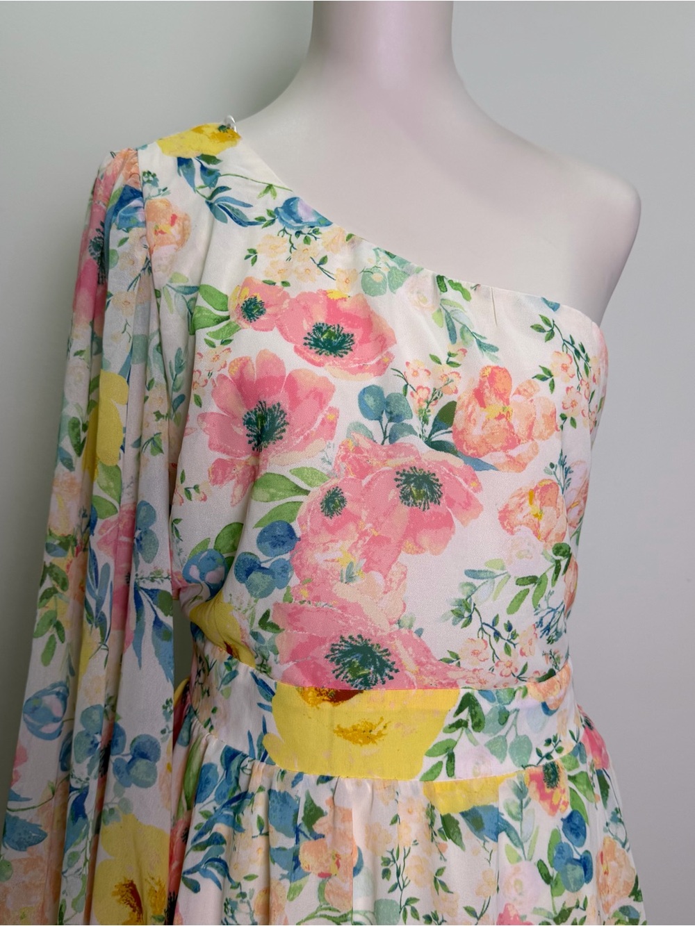 FLYING TOMATO Watercolor Floral One Shoulder Mini Dress Womens Large L Chiffon - Picture 2 of 8